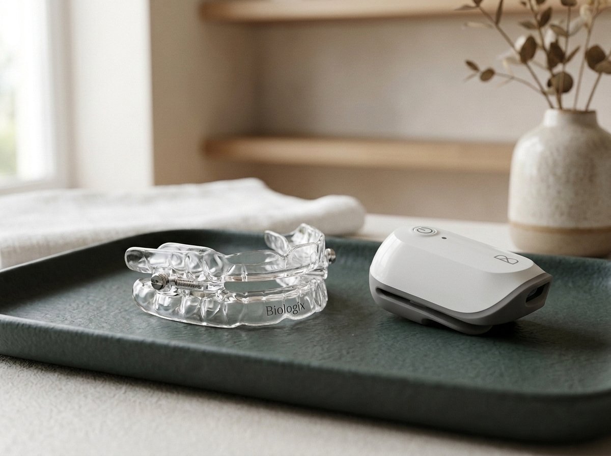 Aparelho intraoral para ronco e apneia ao lado de sensor de monitoramento do sono Biologix